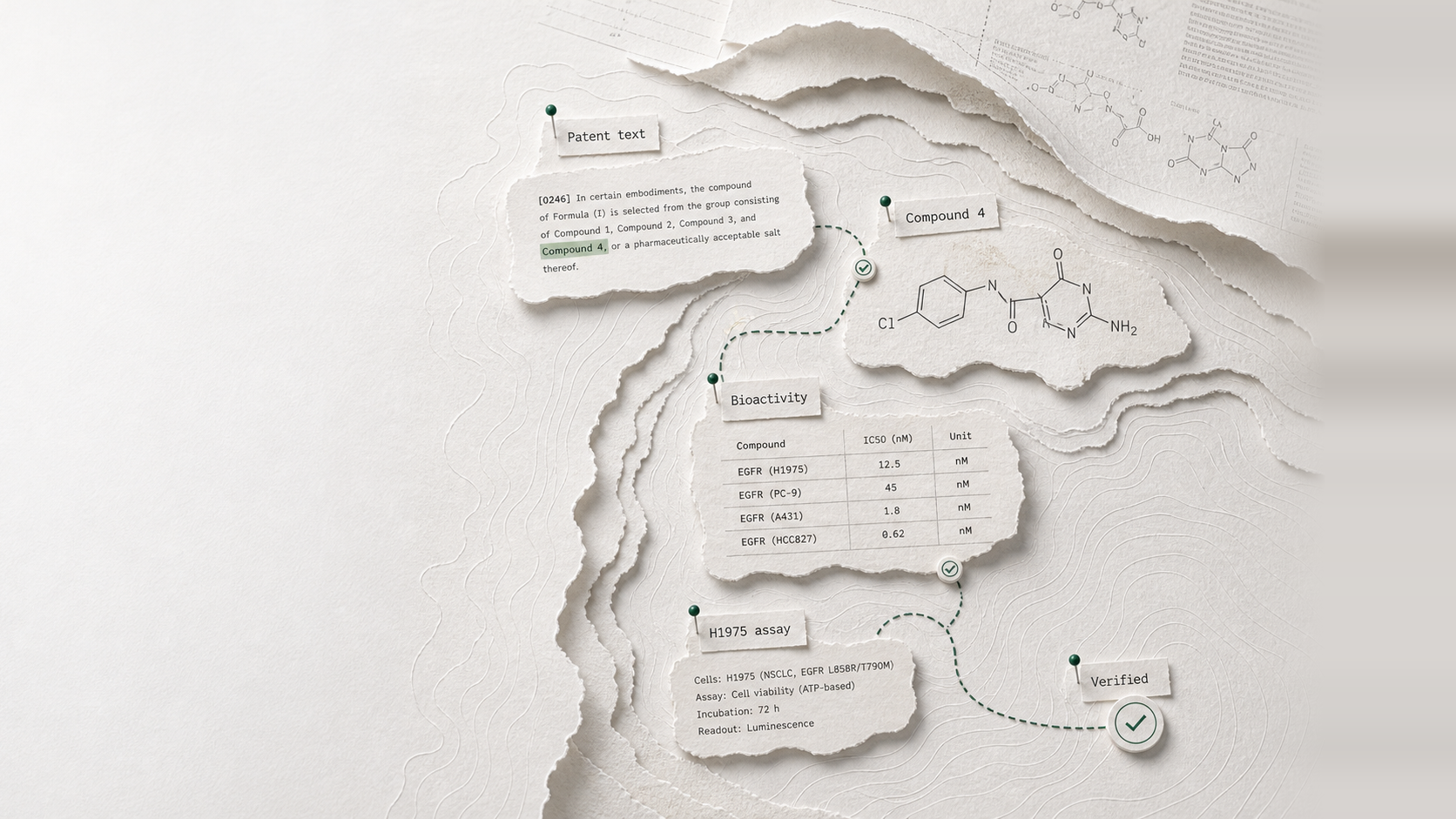 Paper excavation map tracing patent text to a highlighted compound, bioactivity table, assay context, and verified SAR datapoint.